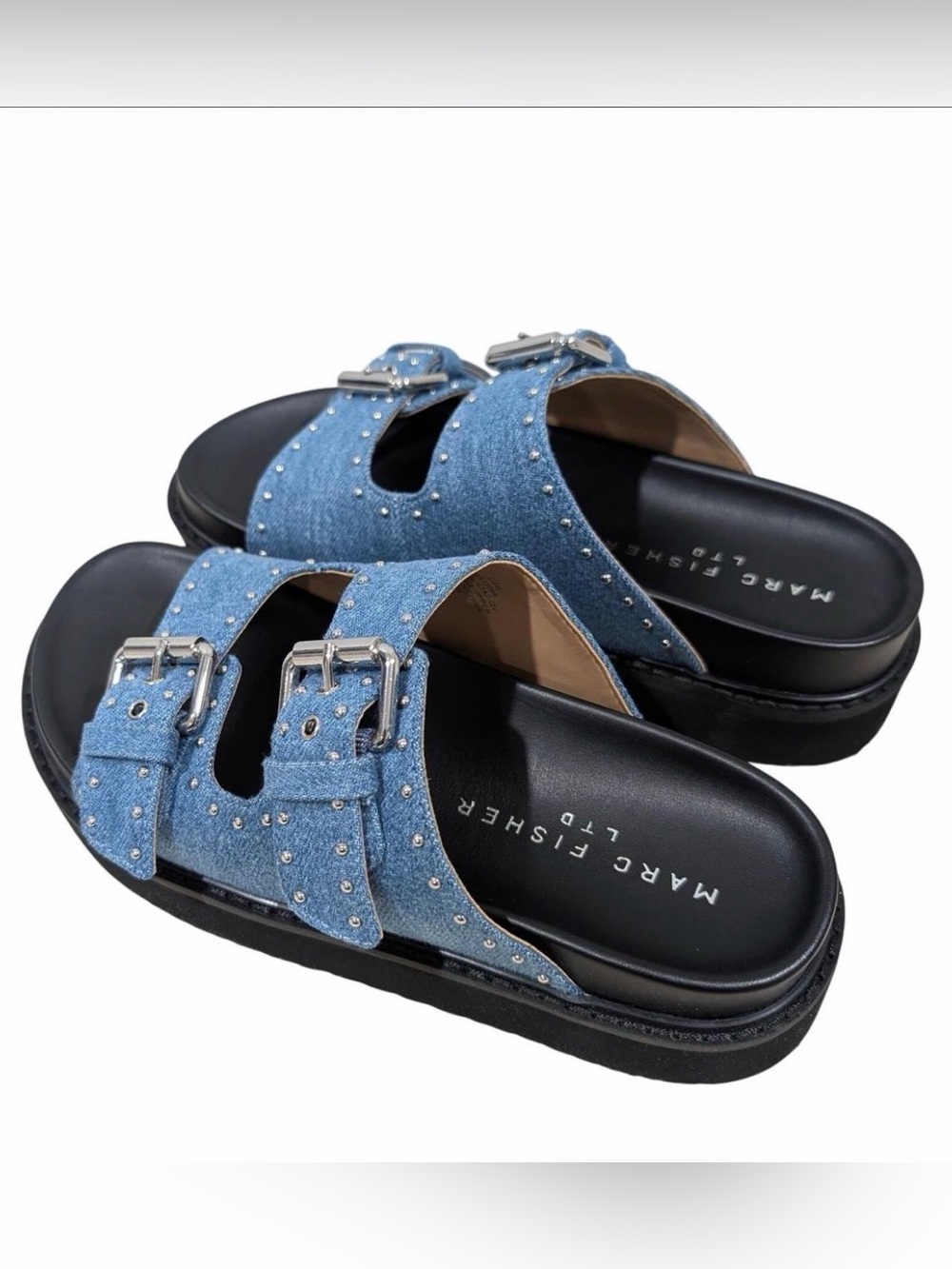 Marc Fisher Light Blue Denim Studded Dual-Buckle Slide Sandals
